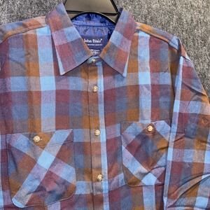 John Blair Plaid Flannel Button Up Shirt Mens Blue Brown Medium Outdoor NWOT